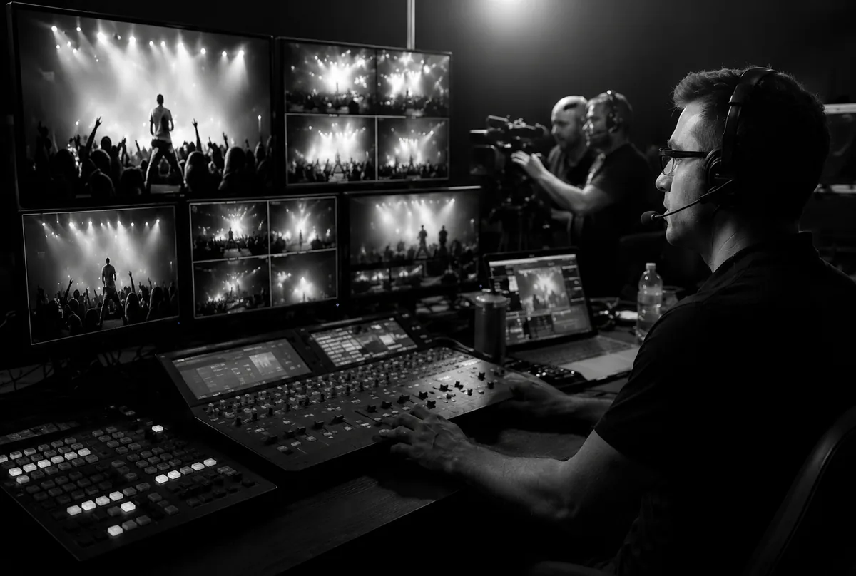 Broadcast control room with multiple live production monitors